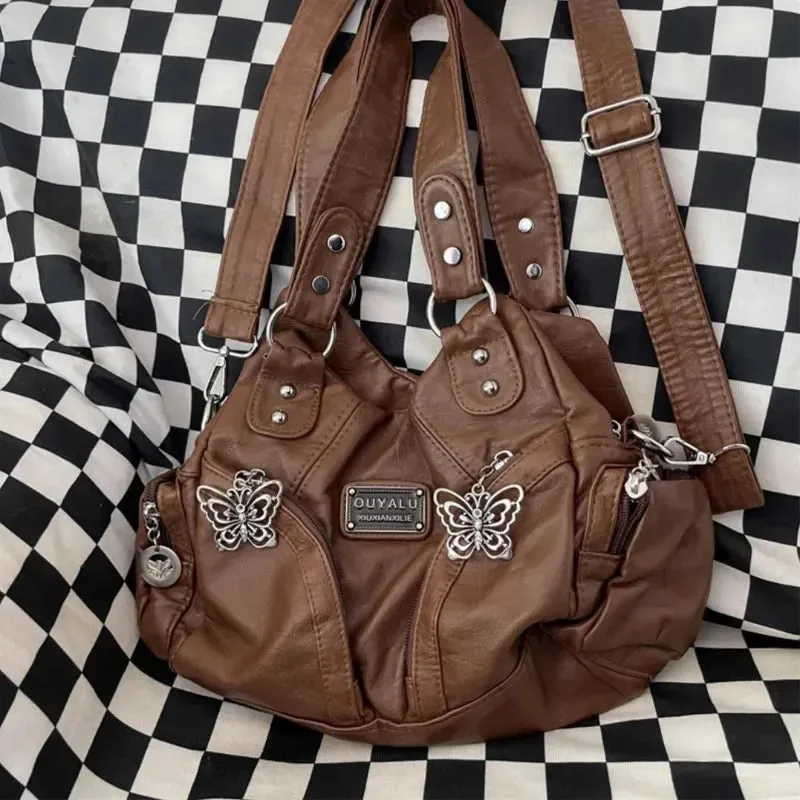 Sohiwoo Brown Y2k Womens Shoulder Bag Vintage Fashion Soft Pu Leather Gothic Tote Bag Punk Harajuku Casual Large Capacity Handbag