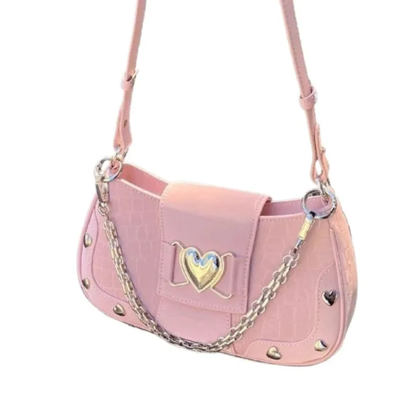 Sohiwoo Retro Y2K Japanese Genjuku Pink PU Leather Large Capacity Handbag The Single Shoulder Bag Women Bags Purse Crossbody Bag