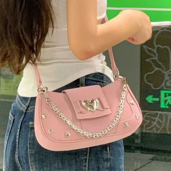 Sohiwoo Retro Y2K Japanese Genjuku Pink PU Leather Large Capacity Handbag The Single Shoulder Bag Women Bags Purse Crossbody Bag