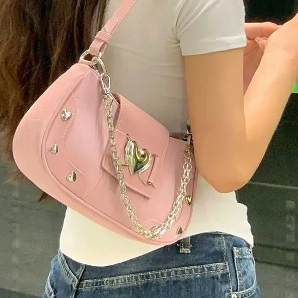 Sohiwoo Retro Y2K Japanese Genjuku Pink PU Leather Large Capacity Handbag The Single Shoulder Bag Women Bags Purse Crossbody Bag
