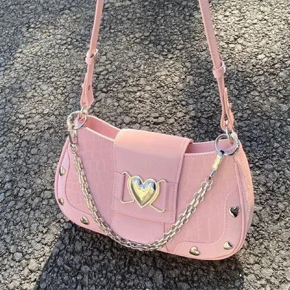 Sohiwoo Retro Y2K Japanese Genjuku Pink PU Leather Large Capacity Handbag The Single Shoulder Bag Women Bags Purse Crossbody Bag
