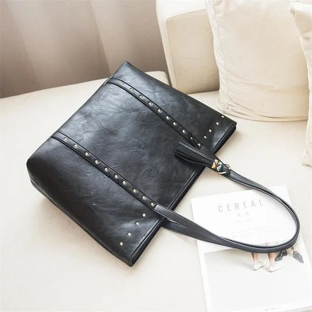 Tassel Decor Leather Handbag