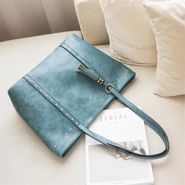 Tassel Decor Leather Handbag