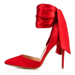 Women Red Heels Point Toe Bandage Stiletto Prom Wedding Shoes
