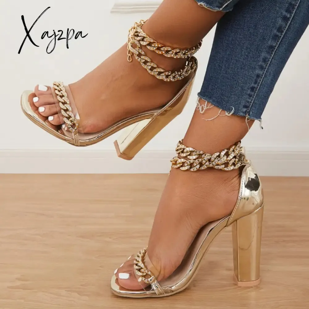 Xajzpa - Women's Wedding Heel Rhinestone Ankles Chunky Block Heels Double Chain Strap Sandals