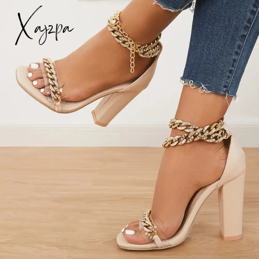 Xajzpa - Women's Wedding Heel Rhinestone Ankles Chunky Block Heels Double Chain Strap Sandals