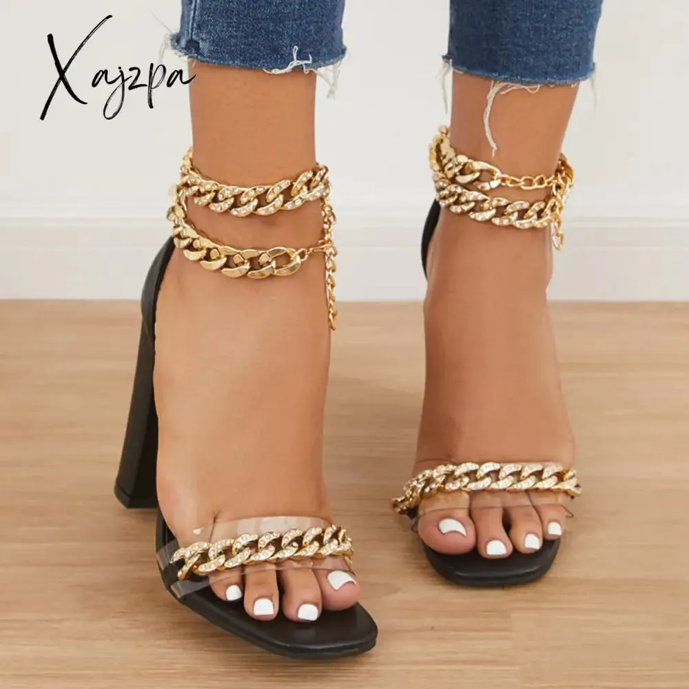Xajzpa - Women's Wedding Heel Rhinestone Ankles Chunky Block Heels Double Chain Strap Sandals