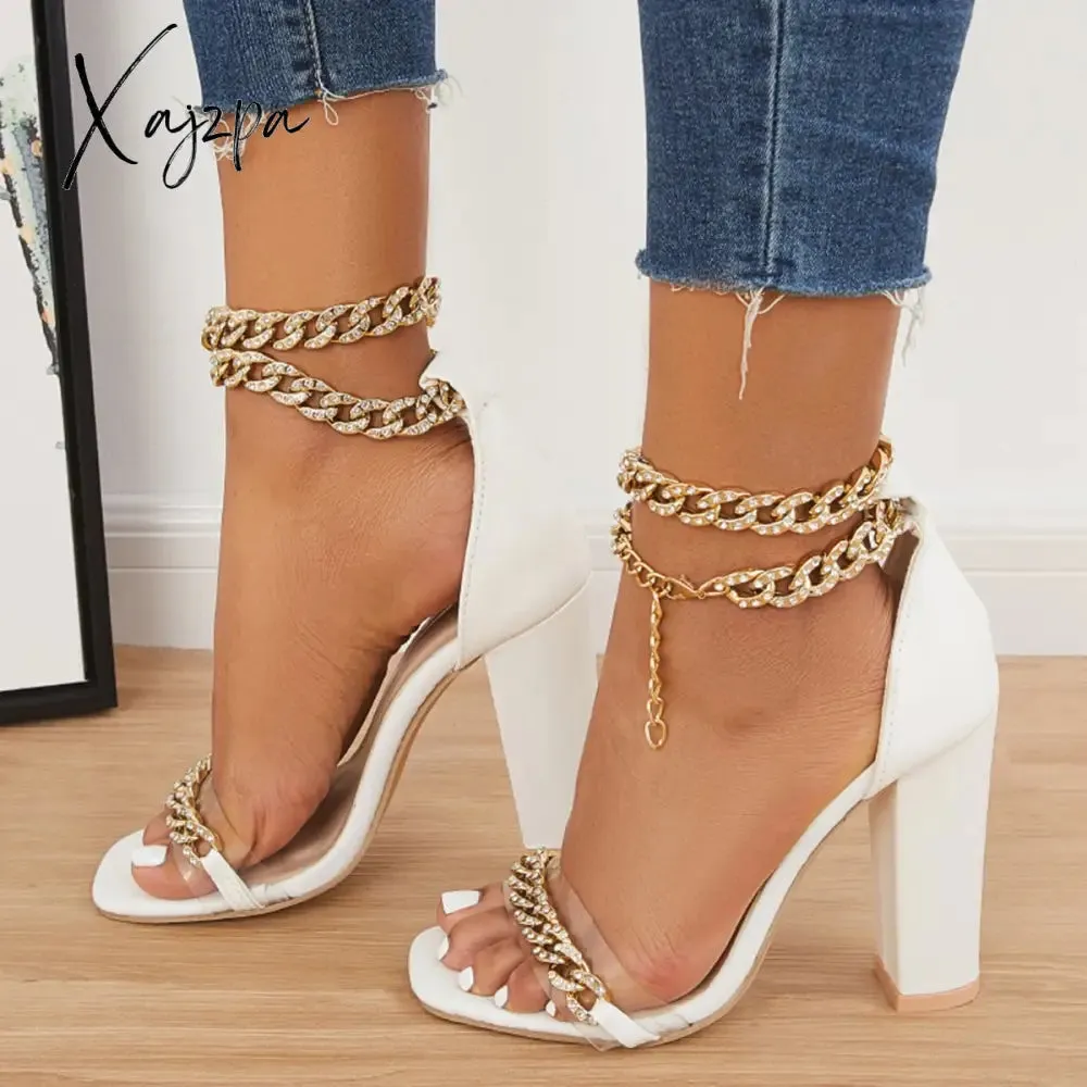 Xajzpa - Women's Wedding Heel Rhinestone Ankles Chunky Block Heels Double Chain Strap Sandals