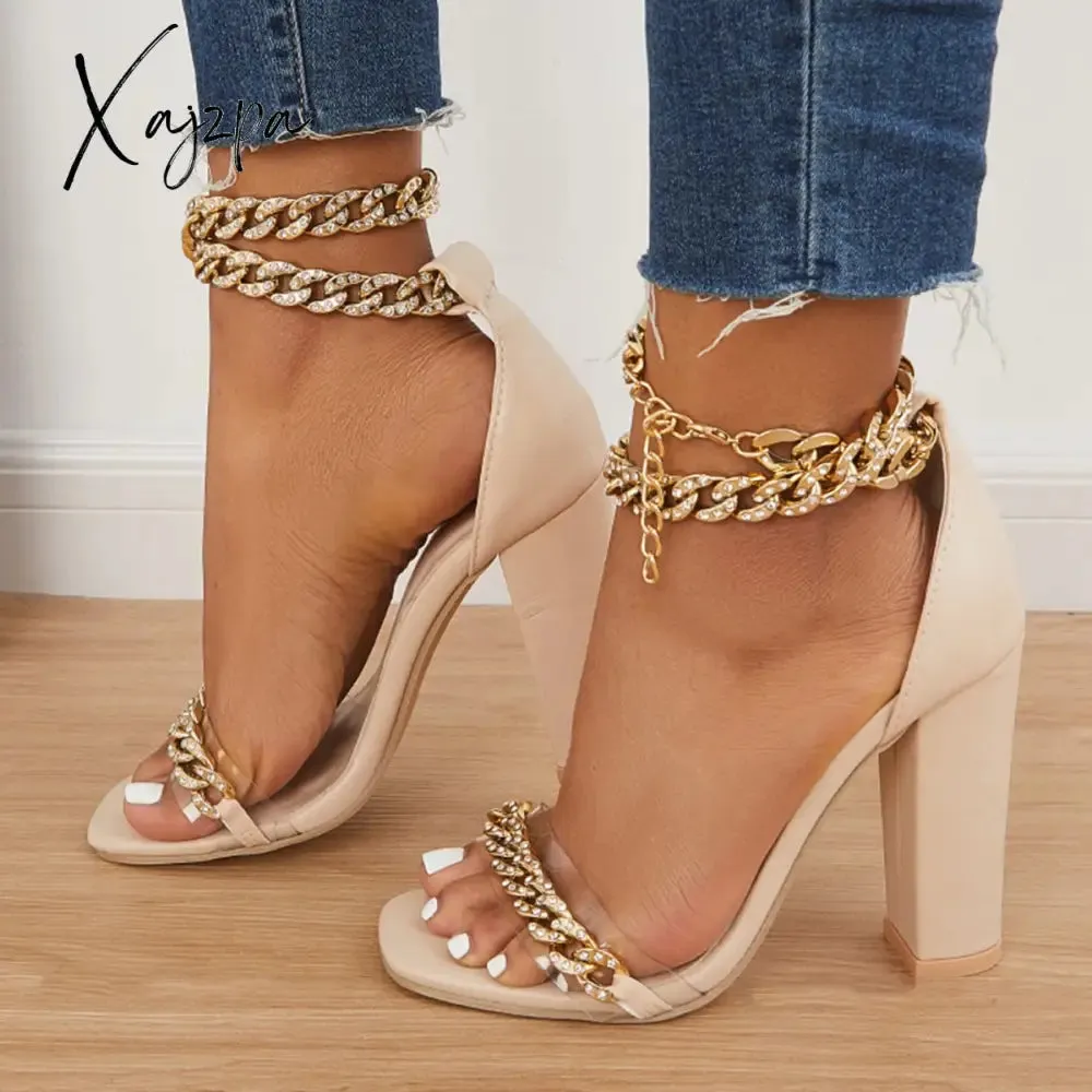 Xajzpa - Women's Wedding Heel Rhinestone Ankles Chunky Block Heels Double Chain Strap Sandals