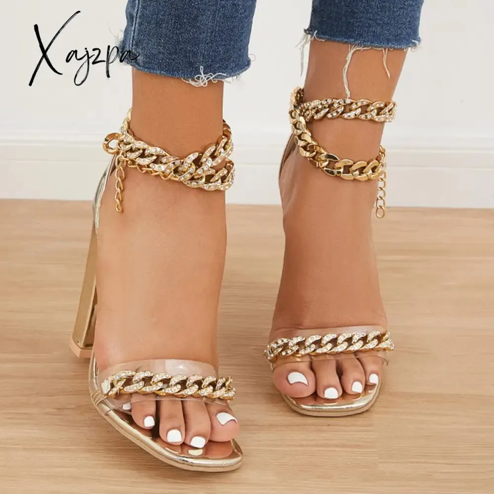 Xajzpa - Women's Wedding Heel Rhinestone Ankles Chunky Block Heels Double Chain Strap Sandals
