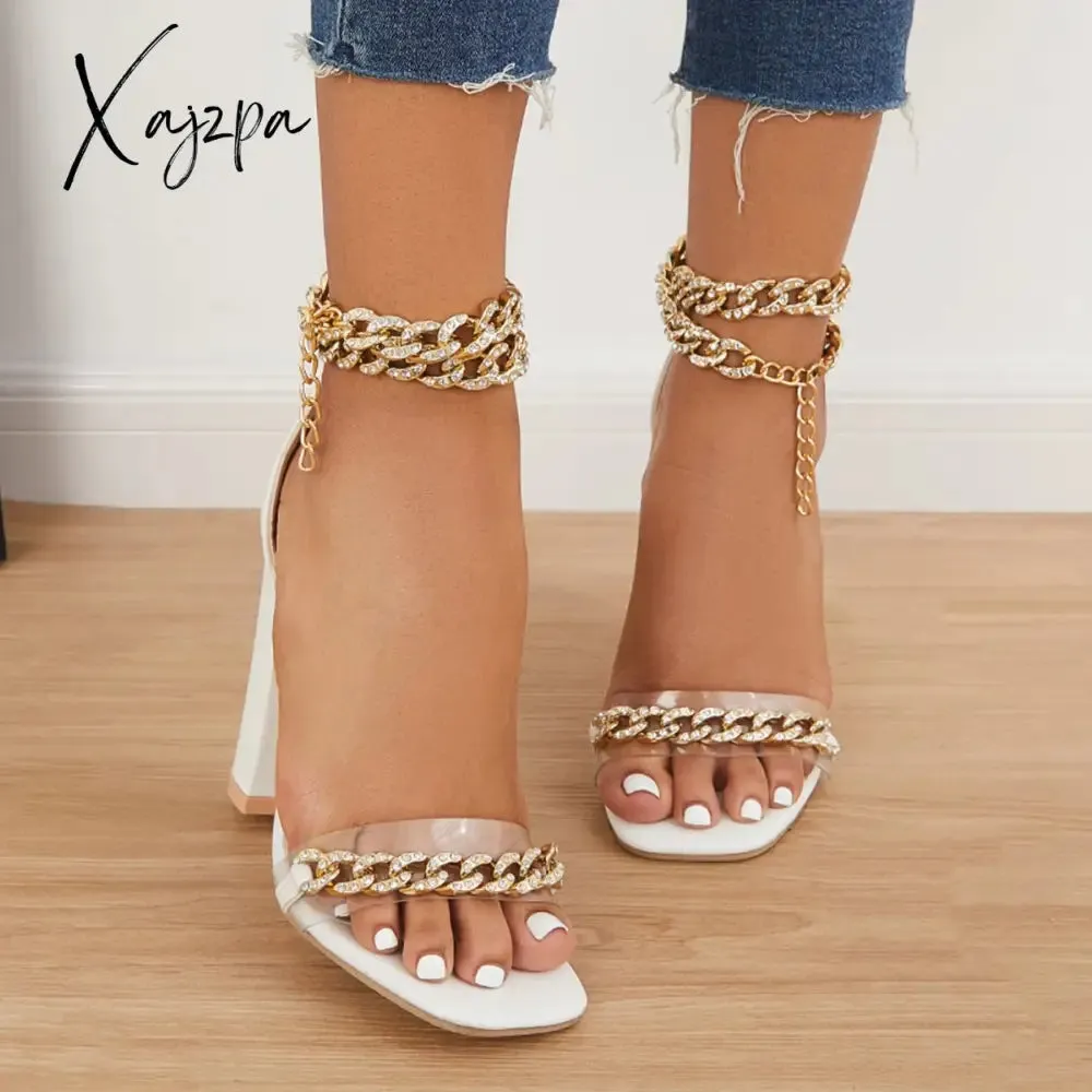 Xajzpa - Women's Wedding Heel Rhinestone Ankles Chunky Block Heels Double Chain Strap Sandals